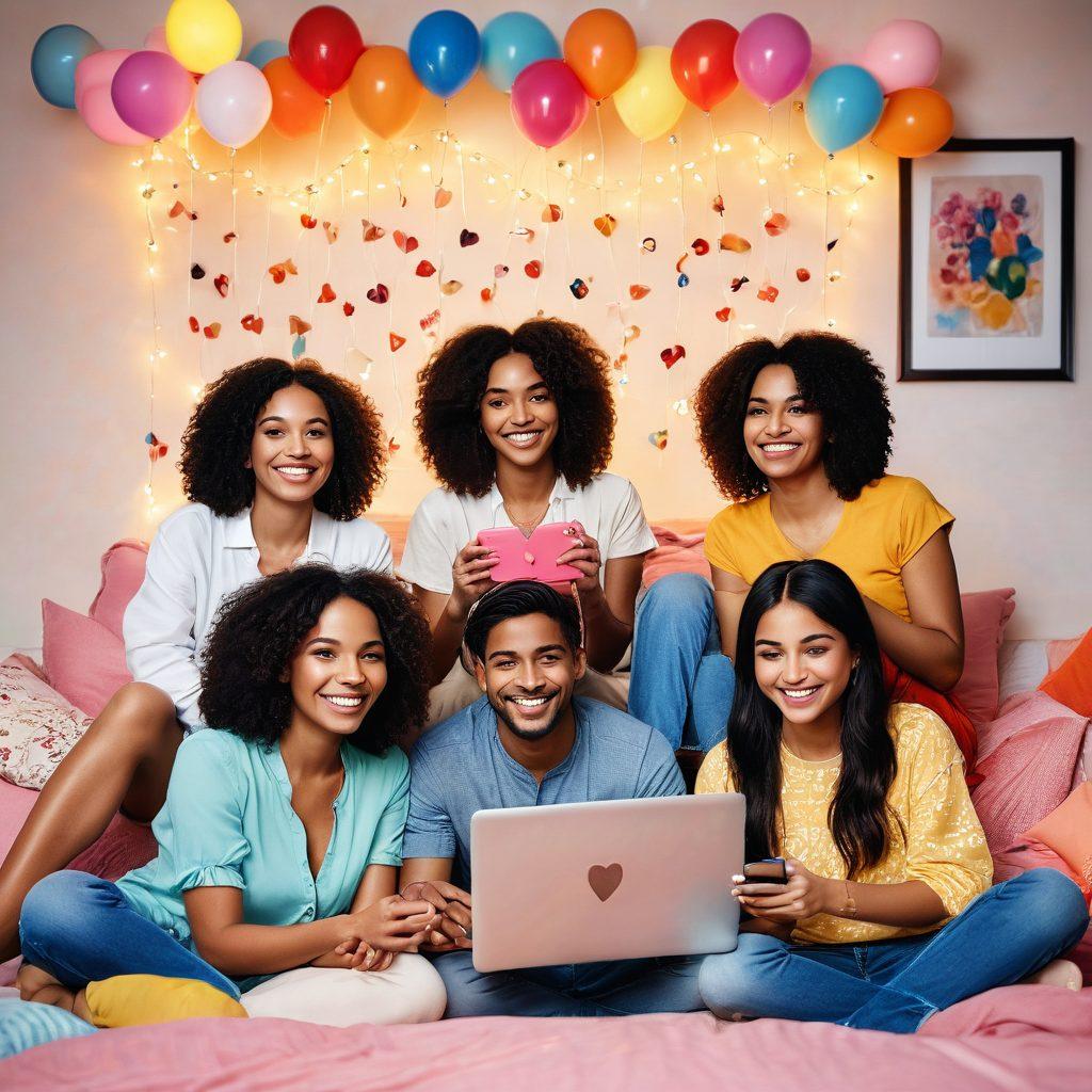 A vibrant scene depicting a diverse group of friends joyfully sharing their experiences through video content, surrounded by colorful decorations symbolizing intimacy and connection. Incorporate elements of technology like phones and laptops with heart and smile emojis floating around, capturing the essence of pleasure in social interactions. The background should reflect a cozy, inviting atmosphere with soft lighting. Illustrate mild traditional Indian motifs to emphasize cultural richness. vibrant colors. digital art.