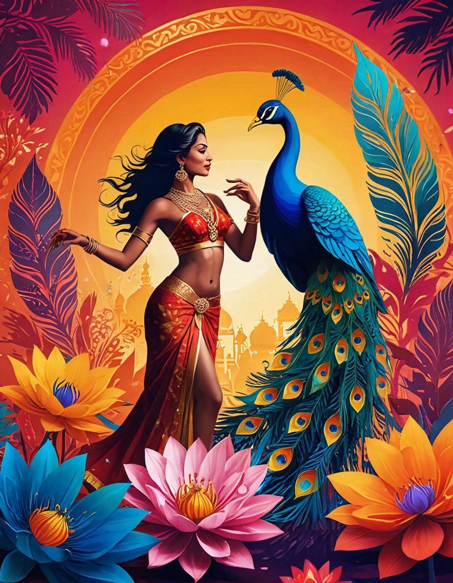 A vibrant celebration of Indian culture intertwined with modern adult entertainment, featuring colorful traditional motifs, a digital landscape filled with abstract representations of sexuality, and silhouettes of diverse individuals expressing freedom and joy. Incorporate elements like peacock feathers, lotus flowers, and digital screens displaying vibrant erotic art. The atmosphere should be lively and inviting, reflecting the growing acceptance of sexuality in the online space. artistic composition. vibrant colors. 3D.