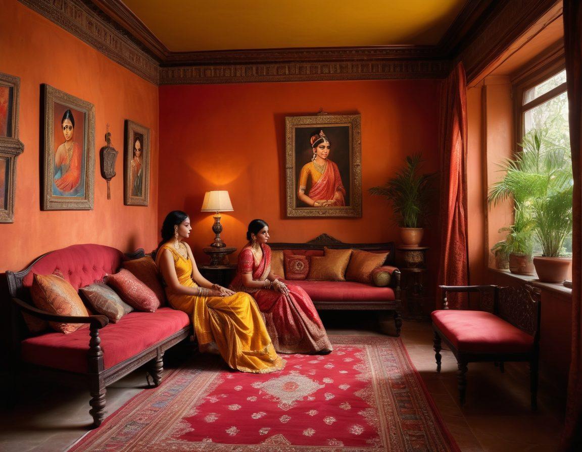 A captivating scene depicting a couple in a vibrant, colorful, intimate setting, with traditional Indian elements such as ornate textiles and delicate lighting. Their expressions hint at playful joy and connection, while subtle hints of Indian culture add to the allure. Surrounding visuals include a vintage video screen displaying classic Indian erotic art. The mood is warm and inviting, emphasizing the beauty of intimacy. super-realistic. vibrant colors. artistic background.